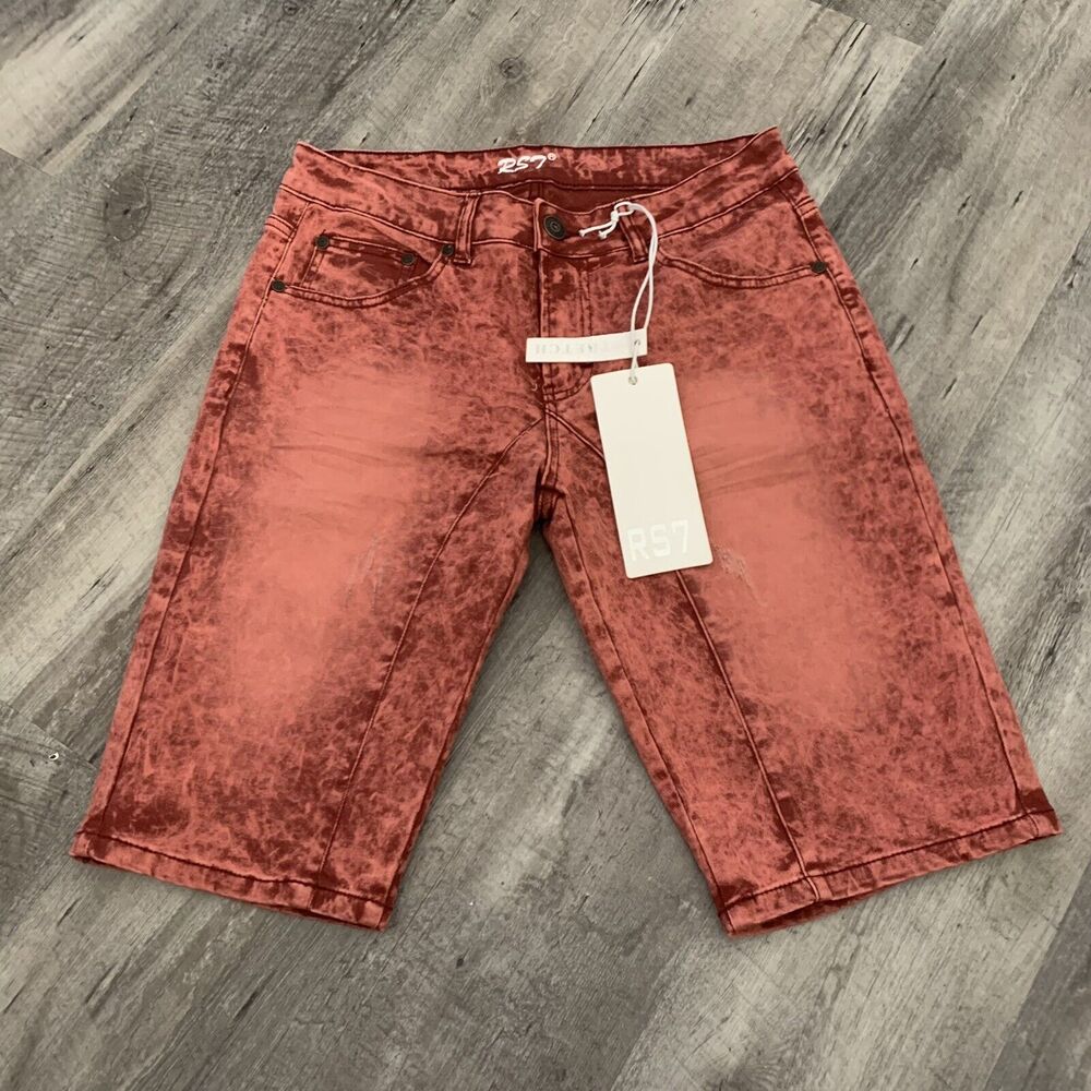 Royal 7even Mens Distressed Red Denim Jean Shorts 30 Acid Washed Bermuda NEW